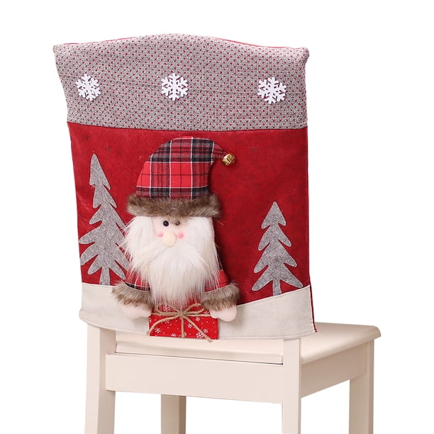 Funda navideña para silla de muñecas de dibujos animados tridimensionales de piel sintética Fundas para mesa y sillas de Papá NoelMaterial: tela de piel sintética, ppCotton (funda para silla para pers
