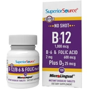 Superior Source No Shot Vitamin B-12 Cyanocobalamin 1000 mcg, B-6, Folic Acid & Vitamin D-3 1000 IU - Supports Energy, Brain, Heart, & Bone Health - 100 Sublingual Dissolving Tablets