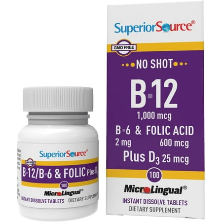 Superior Source No Shot Vitamin B-12 Cyanocobalamin 1000 mcg, B-6, Folic Acid & Vitamin D-3 1000 IU - Supports Energy, Brain, Heart, & Bone Health - 100 Sublingual Dissolving Tablets
