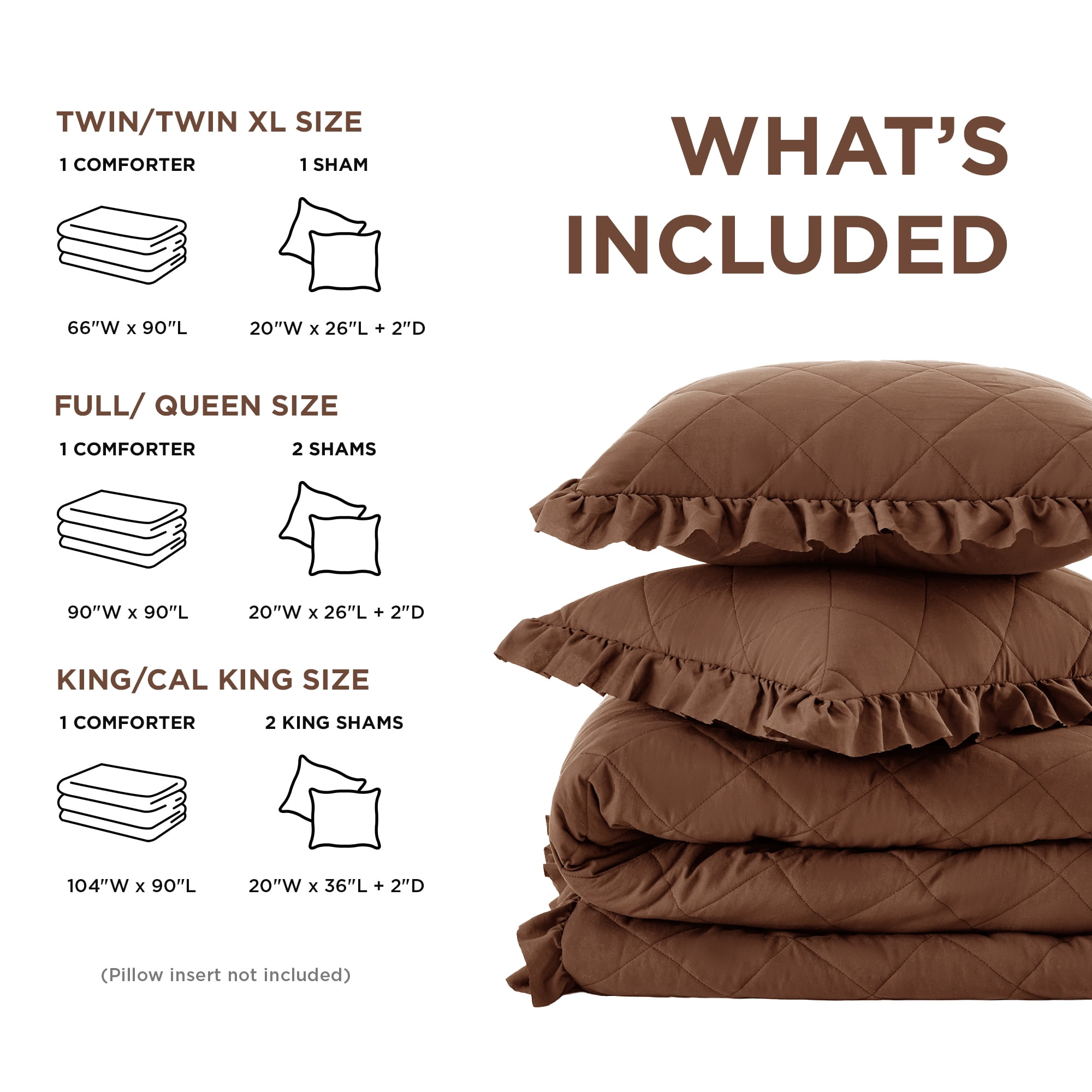 Regency Heights Full/Queen Comforter Set Brown, 3 Pieces Quilted Ruffle Comforters Full/Queen Size, Solid Bedding Comforters Sets, Gift for Women