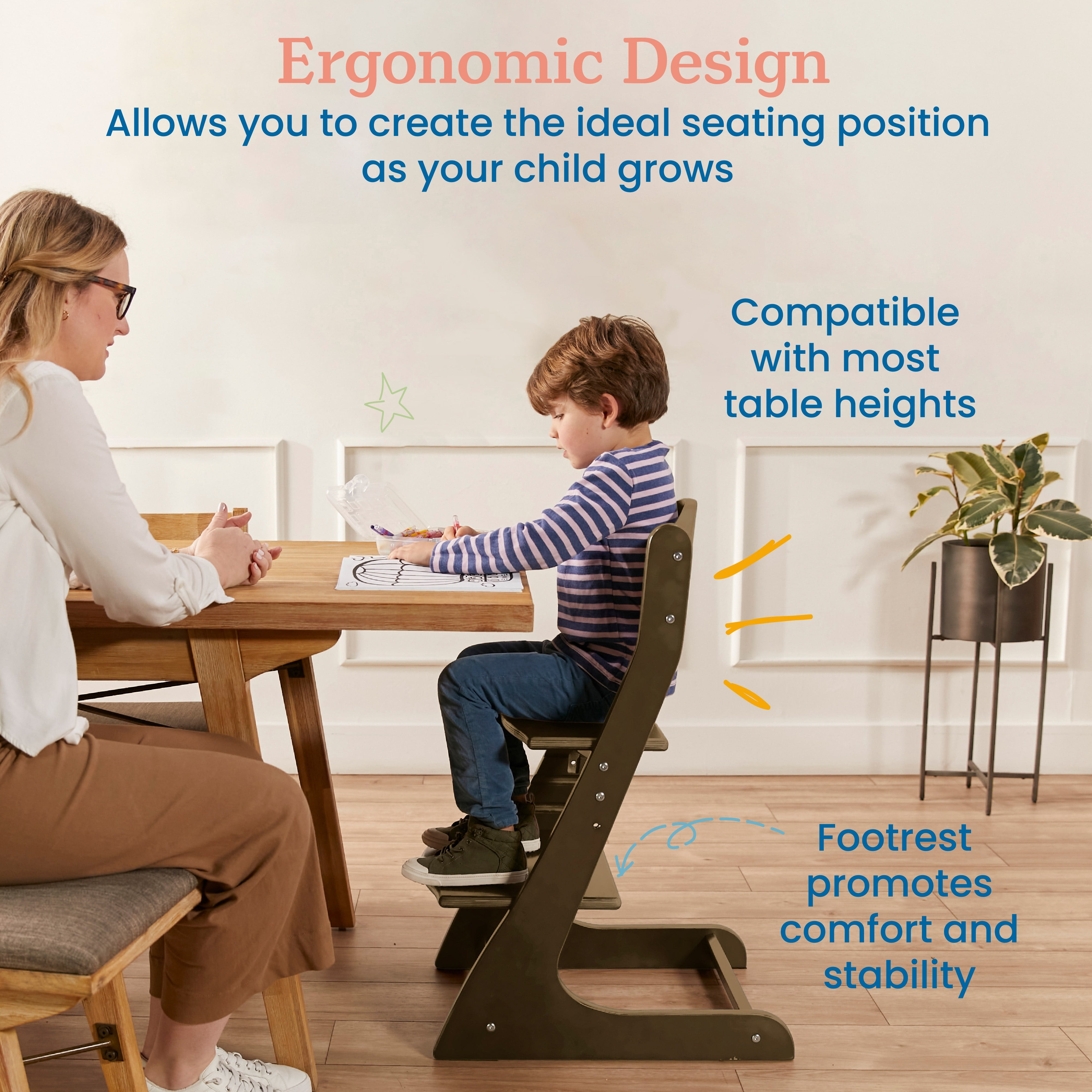 ECR4Kids Wooden Adjustable Grows with Me Transitional Chair, Montessori Furniture, Grey Wash