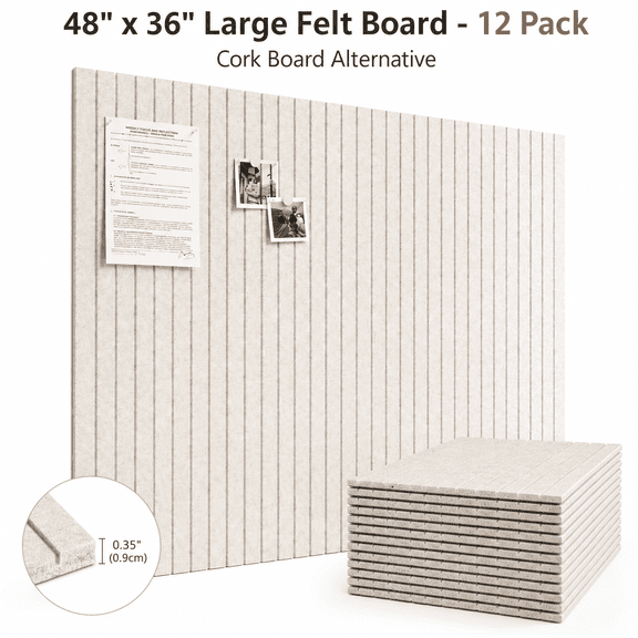 Large Felt Bulletin Board 48" x 36" – Cork Board Alternative, 12 Pack with 70 Safe Removable Adhesive Tabs, Wall Pin Board for Home Office Classroom (Oatmeal)