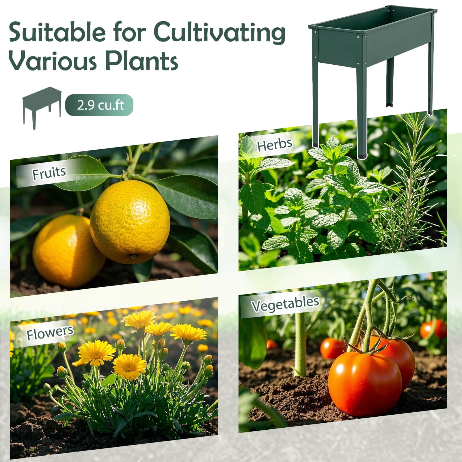 Costway 40" Raised Garden Bed with Legs Metal Elevated Planter Box Drainage Hole Backyard Green
