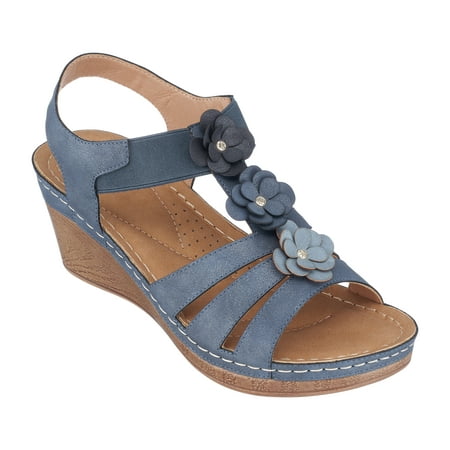 GC Shoes Women s Memory Foam Ankle Strap Summer Wedge Sandals  Comfort Platform Heels with Arch Support  Beck/Navy/8.5