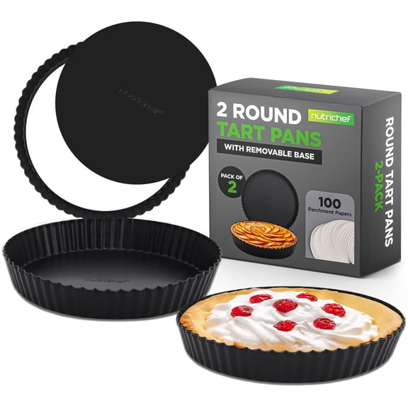NutriChef 2-Pack 9-Inch Round Tart Pans, Carbon Steel Cheesecake Baking Trays with Removable Base, Nonstick, Includes 100 Parchment Papers, Black