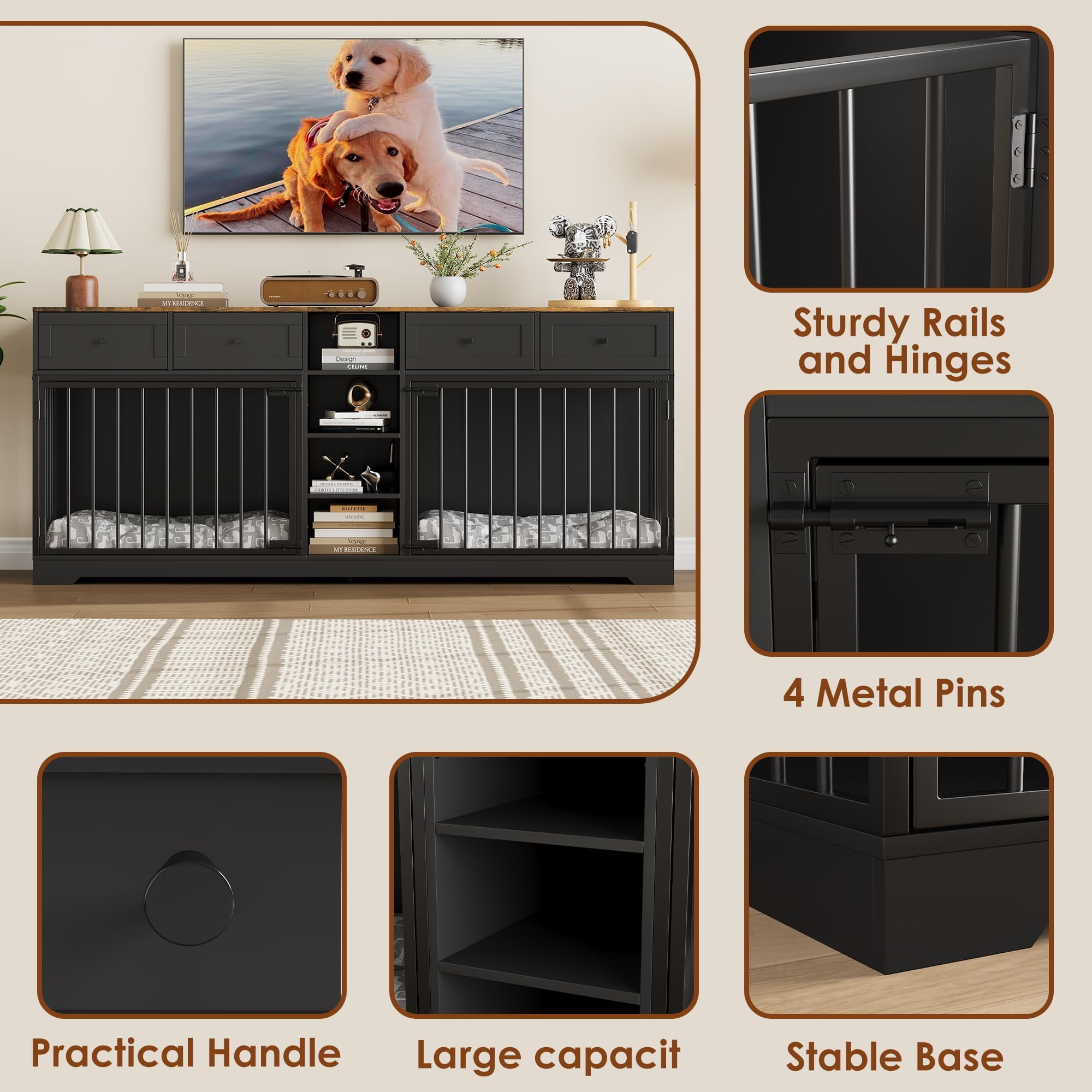 Yeshouse Large 82” Dog Crate for 2, Dog Kennel Furniture with Storage Drawers & Shelves, TV Console for Living Room