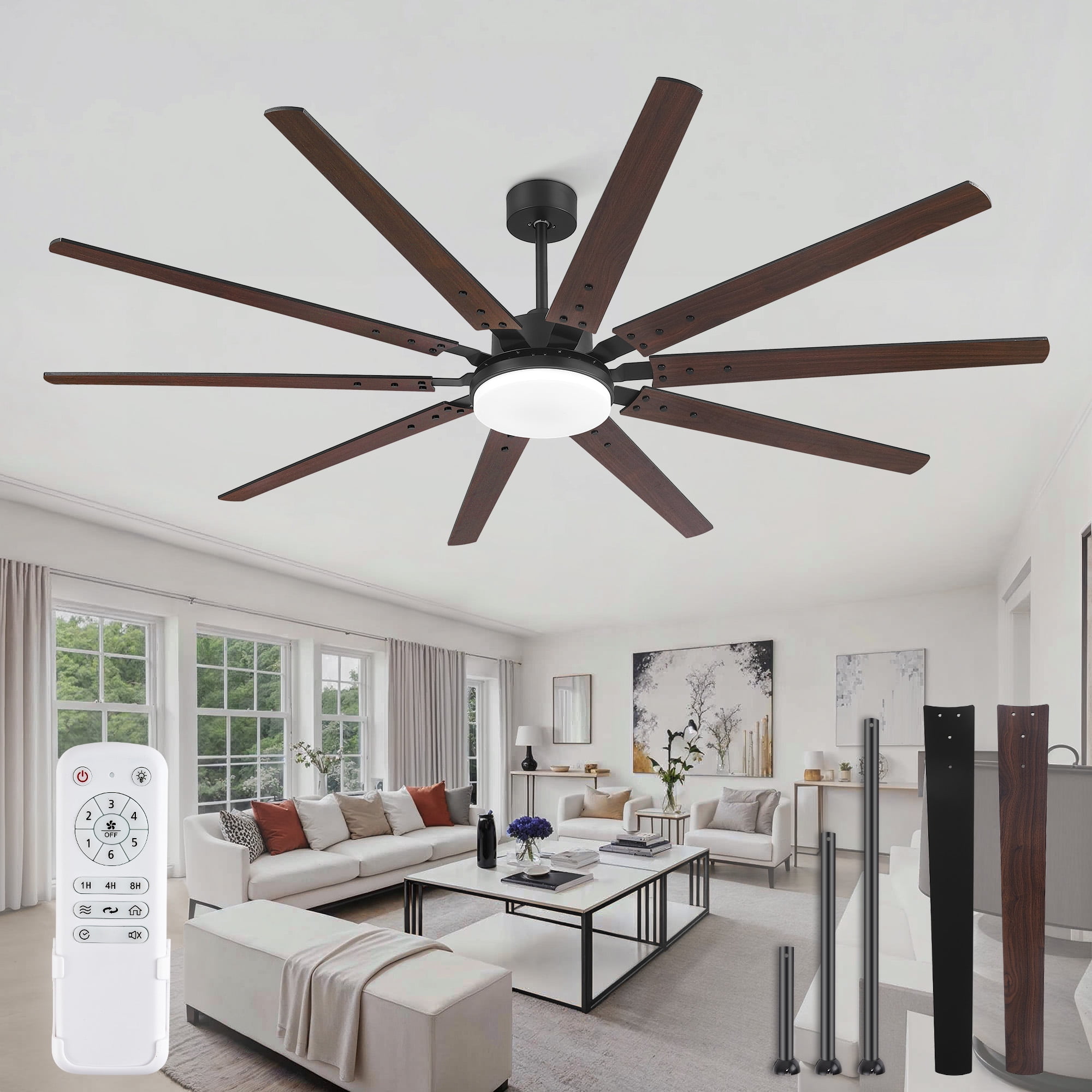 Zardon 84" Industrial Modern Ceiling Fan with LED Light and Remote, 10 Black Blades, Quiet Reversible DC Motor with 6-Speed for Large Room, Indoor