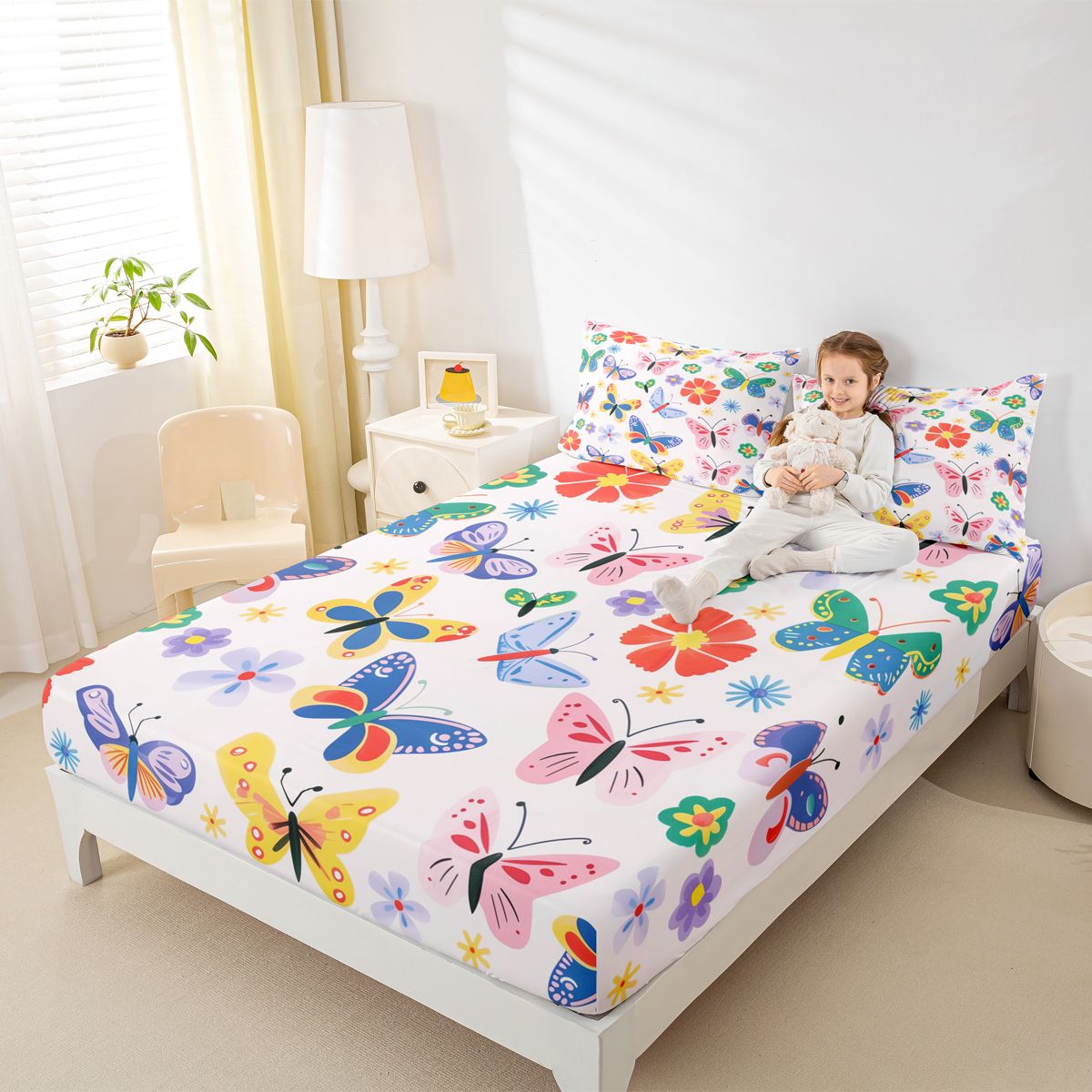 Homewish Cute Butterfly Twin Sheet Sets,Kawaii Colorful Floral Twin Fitted Sheet,Bohemian Style Flat Sheet For Girls Teens,Luxury Bedroom Decor,3-Piece