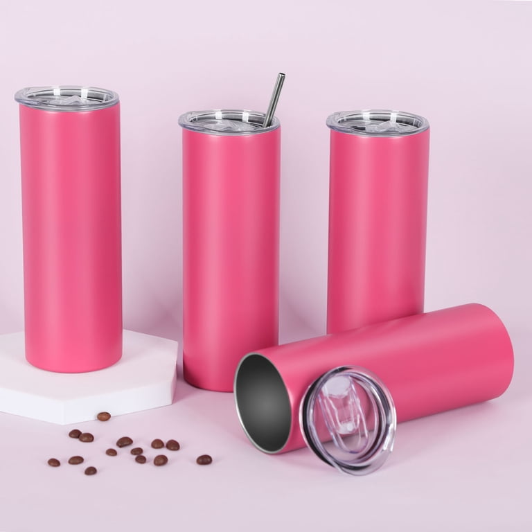 Cosictic 6 Pack 20 oz Skinny Straight Tumblers for Drinks Coffee Water, Stainless Steel Double Wall Insulated with Lids and Straws, Hot Pink