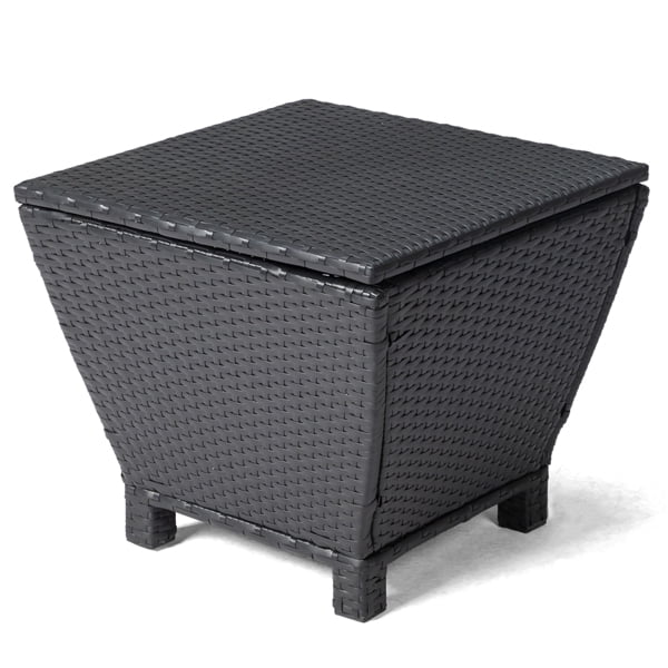 Outdoor PE Wicker Side Table with Storage, Small Patio Storage Bin Container for Hose Cushion Towel, Black