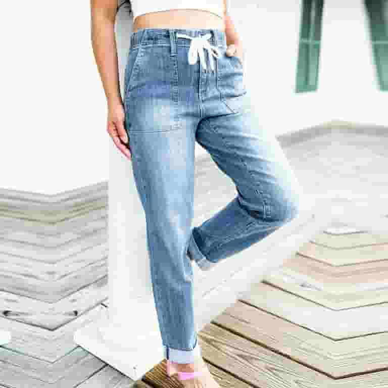AherBiu Women Denim Pants Drawstring Elastic Waist Straight AherBiu Women Denim Pants Drawstring Elastic Waist Straight