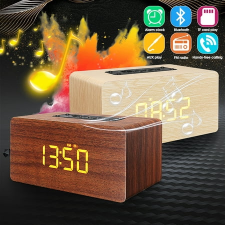 2 in 1 LED Alarm Clock  Wireless Wooden bluetooth Speaker Multi-function TF/USB Stereo Subwoofer Hi-Fi Music Player FM