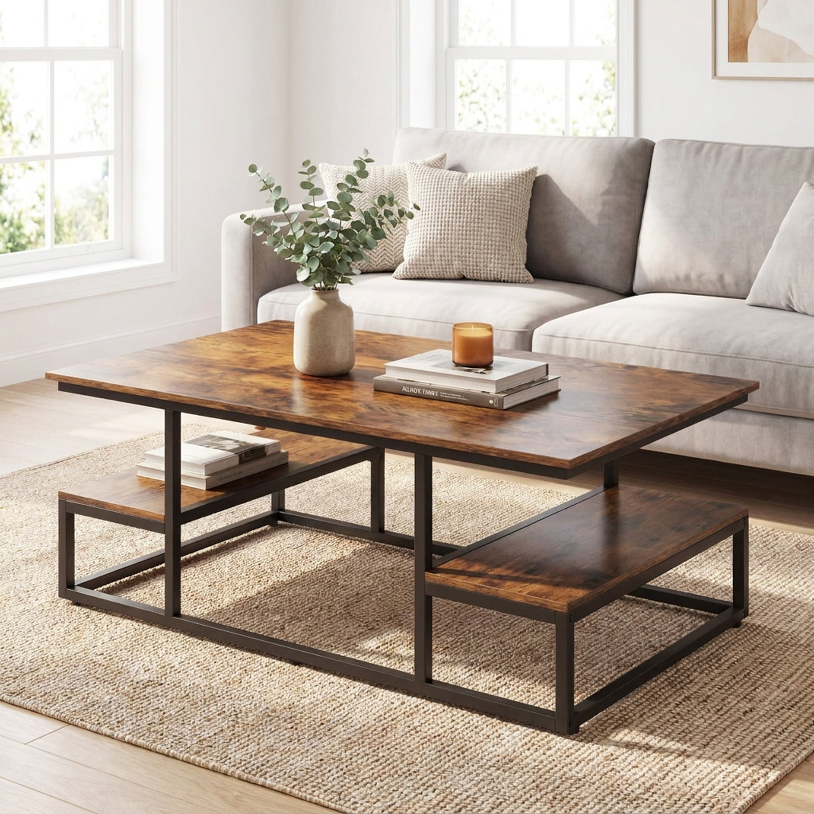 Furnibear 43 Inch Rectangle Coffee Table with Two Open Shelves and Metal Frame a Rustic Wood Living Room Center Table, Rustic Brown