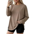 thumbnail image 2 of asdoklhq Workout Tops for Women Oversized Long Sleeve Workout Tshirts with Side Slit Fall Fashion Gym Casual Basic Tops Style Loose Tees for Daily Fitness Beige XL, 2 of 6