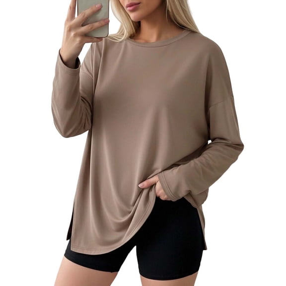 UQJfacai Womens Oversized Long Sleeve T Shirts Crewneck Basic Tees Spring Summer Side Split Casual Gym Workout Y2K Tops S-3XL