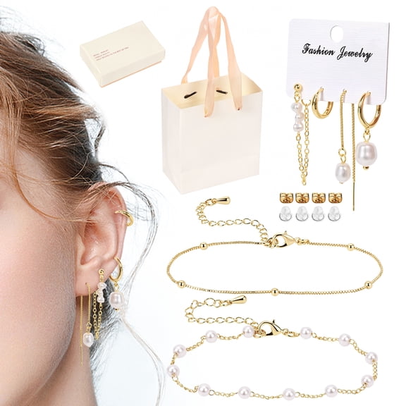 Gold Jewelry Sets for Women,10 Pcs Pearl Earrings and Bracelets Set,Brass 14K Gold Plated Stack Jewelry Gift Set