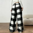 thumbnail image 5 of Fuzzy Plush Pants for Women Fleece Plaid Wide-Leg Trousers with Drawstring Casual High Waisted Bottoms Warm Comfy Loungewear Sherpa Pajama Pant Fall Winter Outfits, 5 of 7