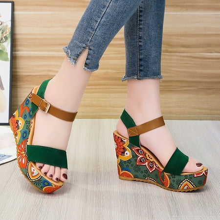 

HIBRO Summer Women Open Toe Breathable Sandals Flower Buckle Strap Wedges Shoes