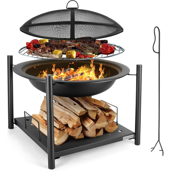 SereneLife 26" Outdoor Wood Fire Pit with BBQ Grill, Mesh Screen, and Wood Storage  Heavy-Duty Steel Frame, Heat-Resistant  Ideal for Bonfires, Camping, and Outdoor Cooking
