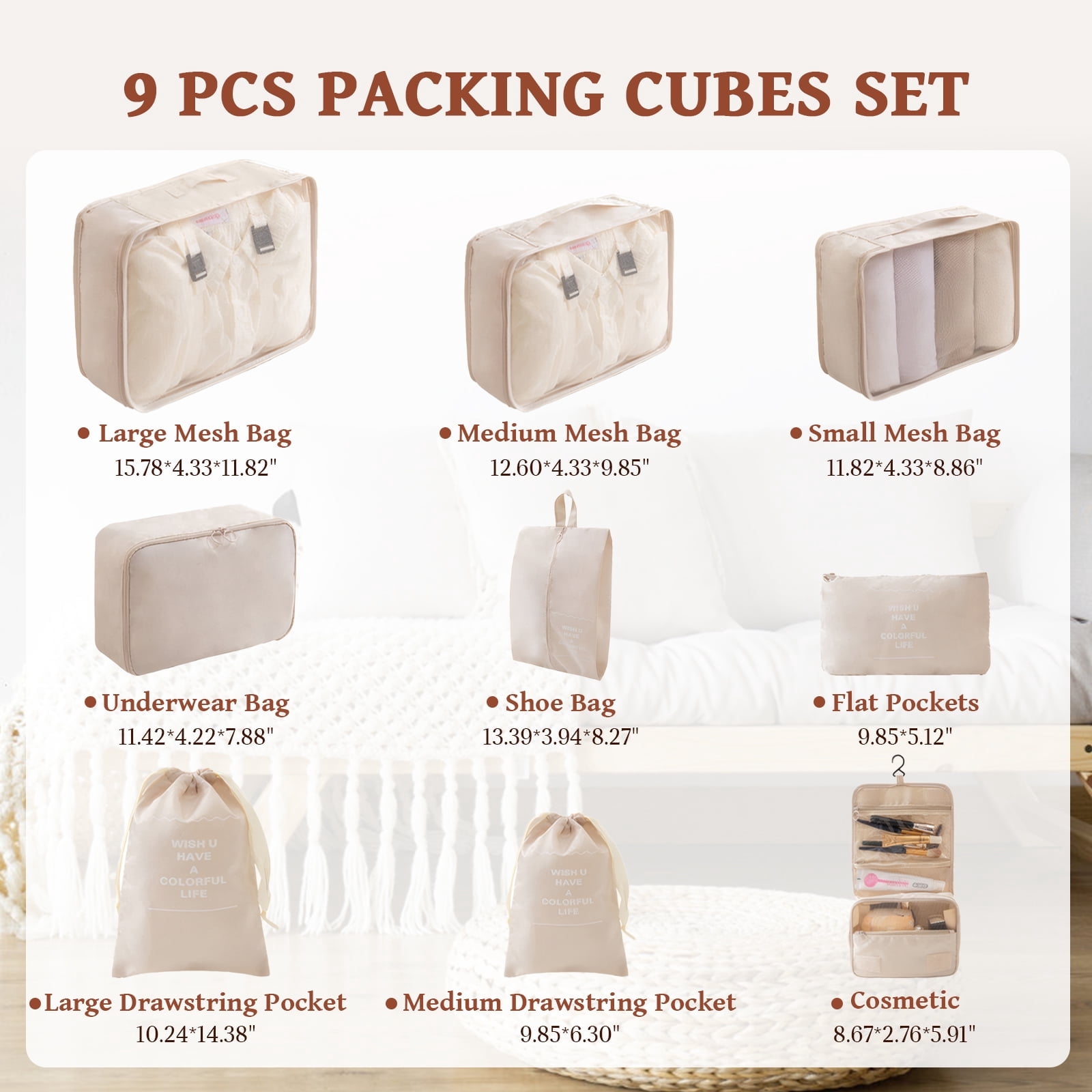 9-Piece Beige Travel Packing Cubes Set - Large Capacity, Waterproof & Breathable for Organized Trips