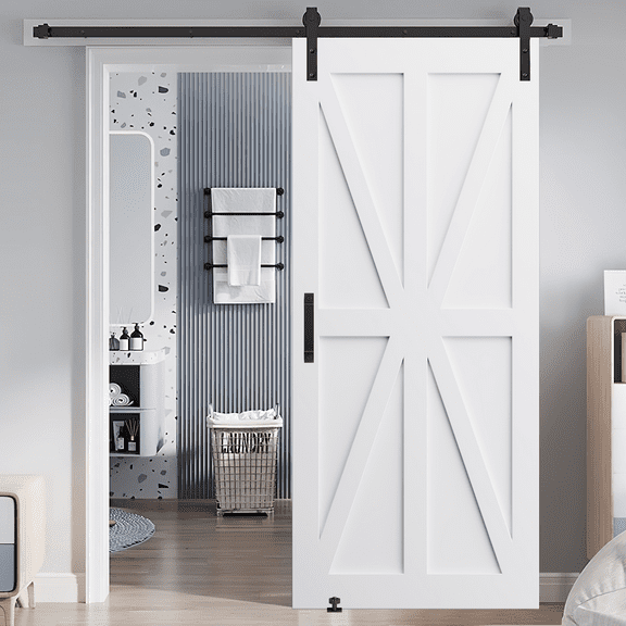 LiviNest Barn Door Sliding Door Kit: Farmhouse Style White Interior Door with X Design - Complete Hardware Kit for Studio Apartments & Small Spaces DIY Installation