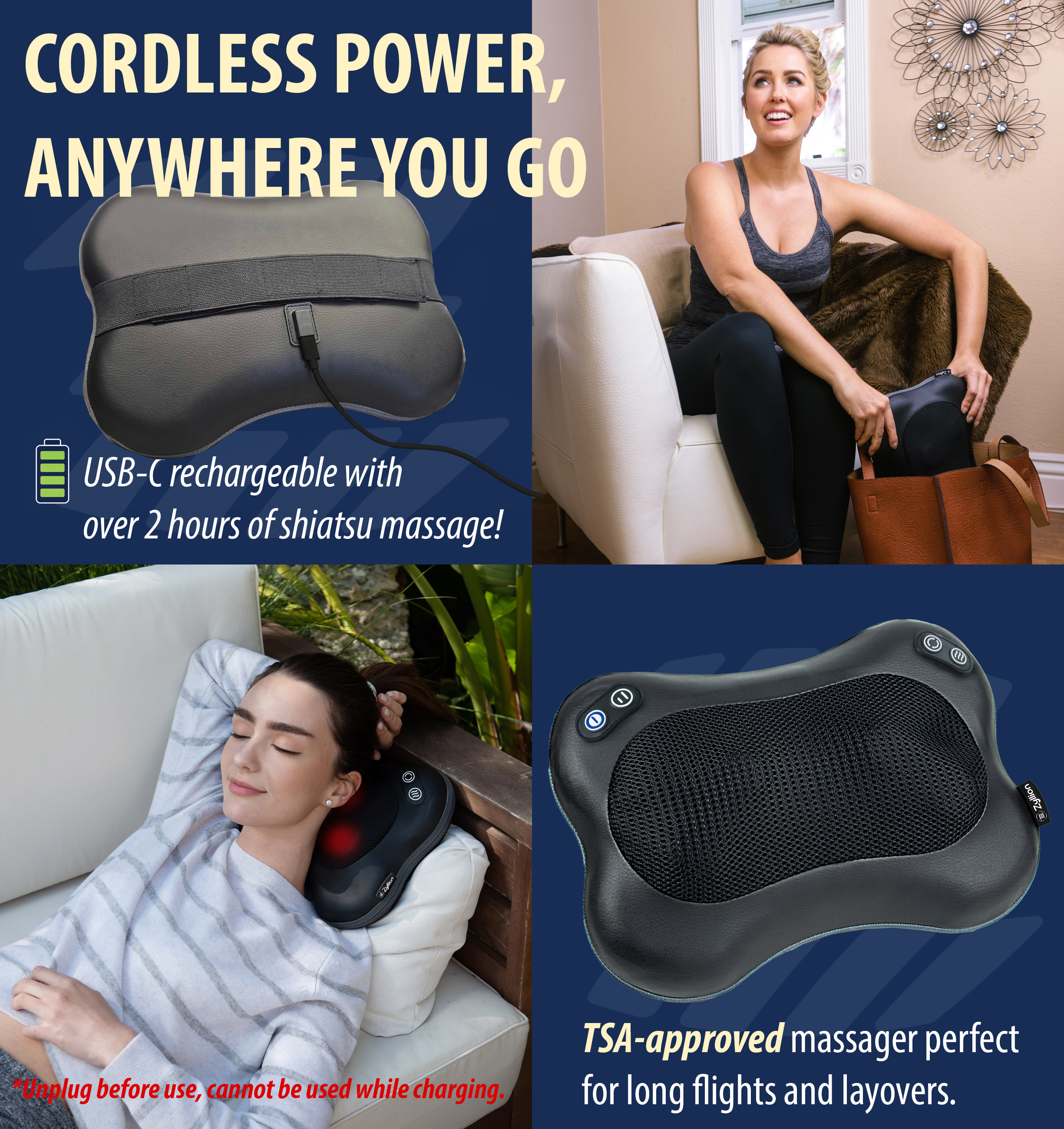 Zyllion Rechargeable Shiatsu Back & Neck Massager 3D Kneading 2-Speed Cordless Massage Pillow with Heat for Muscle Pain, Black