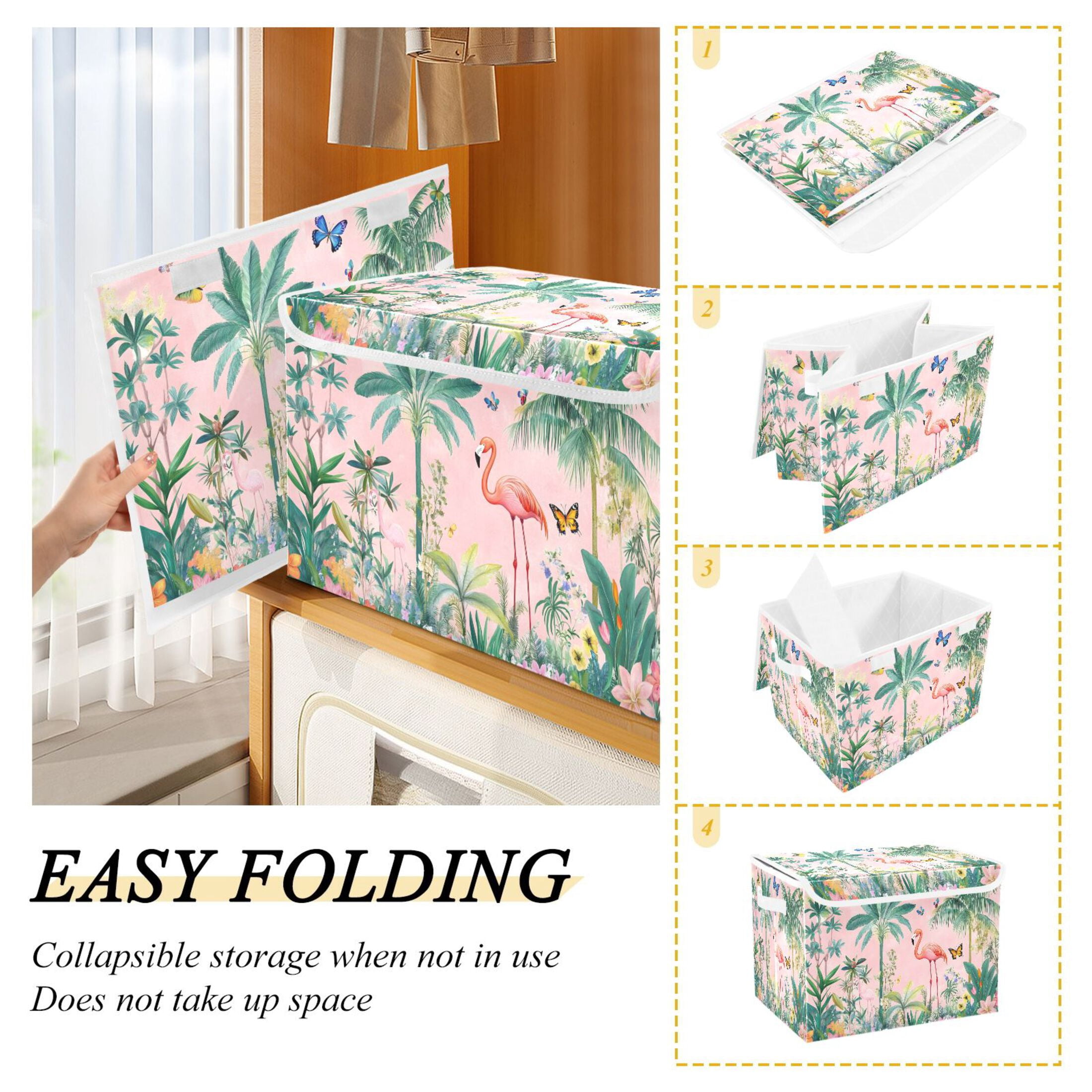 Ryvnso Tropical Flamingo Butterfly Large Lidded Foldable Storage Baskets Cubes Boxes Lids Bin for Home