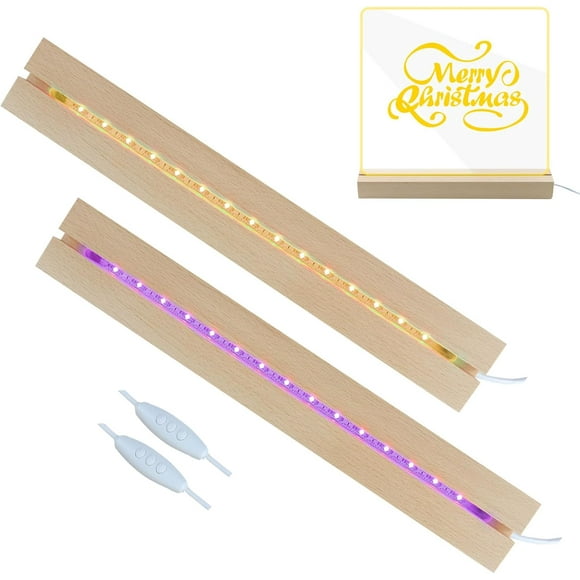 ERDS-2 Pcs 11.81 Inch Wooden LED Light Display Pedestal,Wooden Rectangle LED Lights Display Base for Acrylic,LED Lighted Base Stand,Night Light Lamp Base for Crystal Glass Art Resin Jewelry,Room Deco