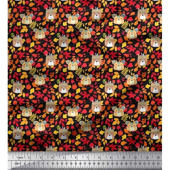 Soimoi Rayon Fabric Leaves & Tribal Bear Face Tribal Printed Fabric 1 Yard 42 Inch Wide