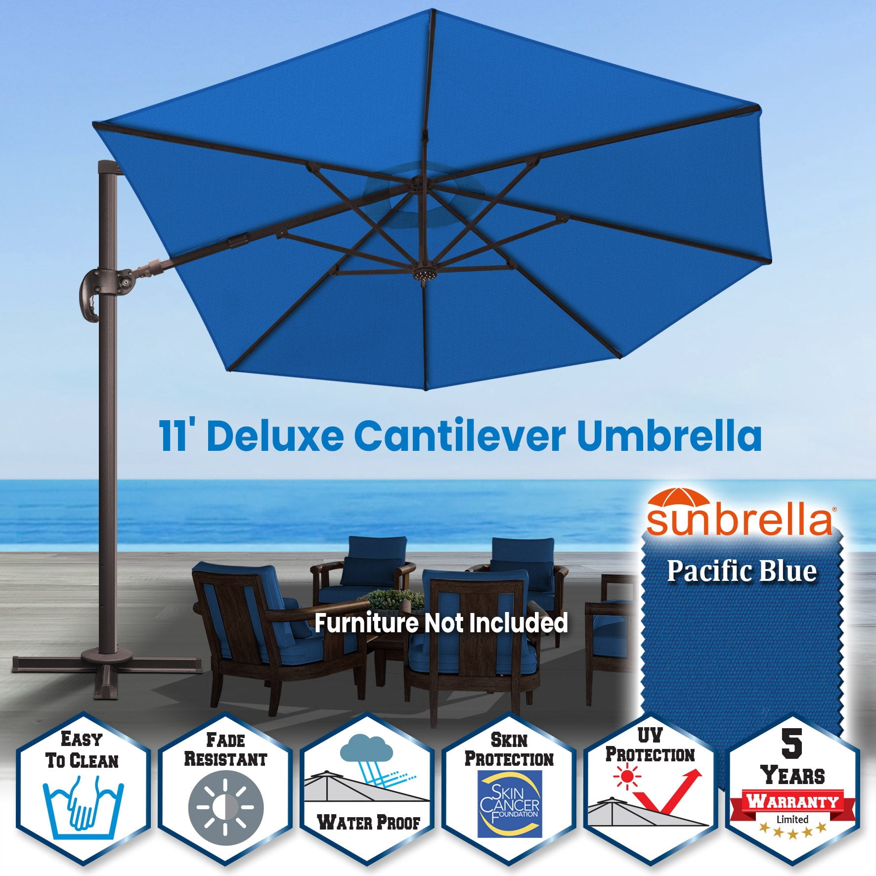 SUNRISEUMBRELLA Roma hanging umbrella Sunbrella Cover Patio Umbrella Garden Outdoor (11',Pacific Blue)