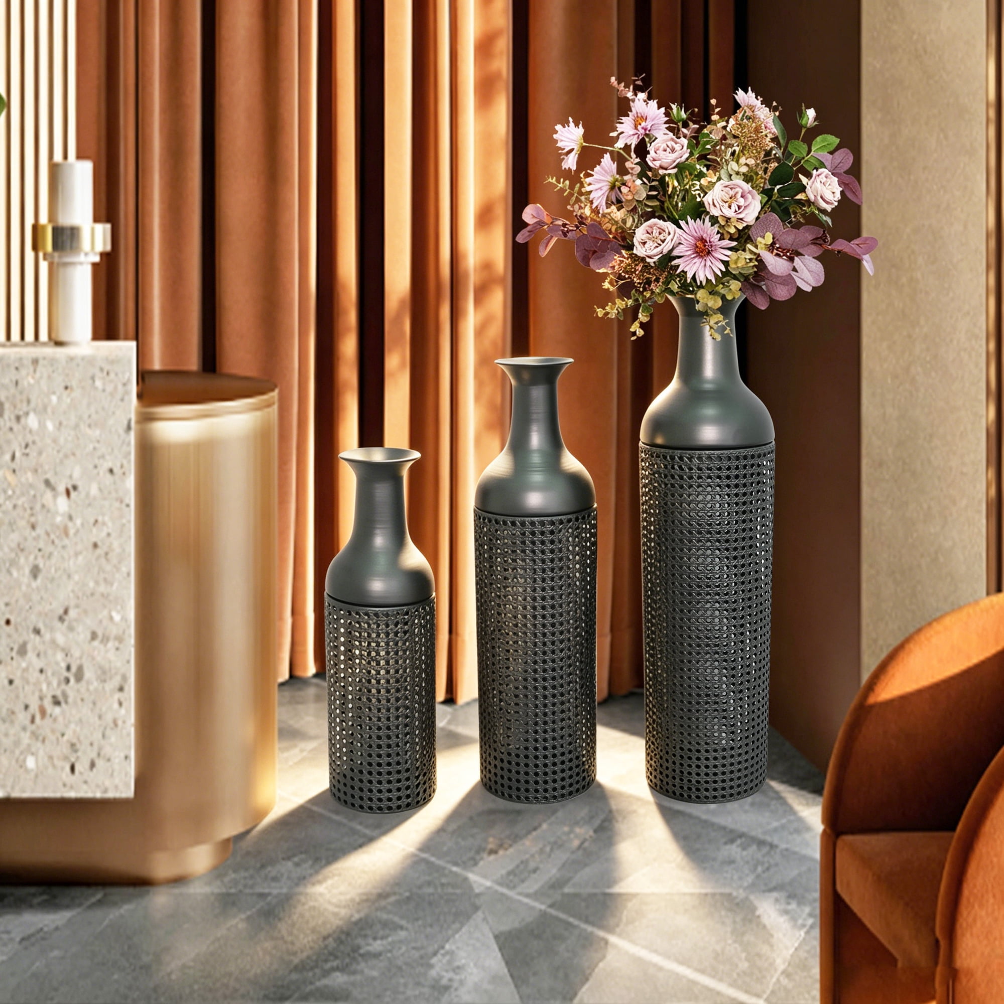 Leumius Decorative Metal Vases Set of 3, Black Grey Leaf Pattern Floor Vases, Black & Grey Tall Vases for Home Decor, Living Room Entryway Decor
