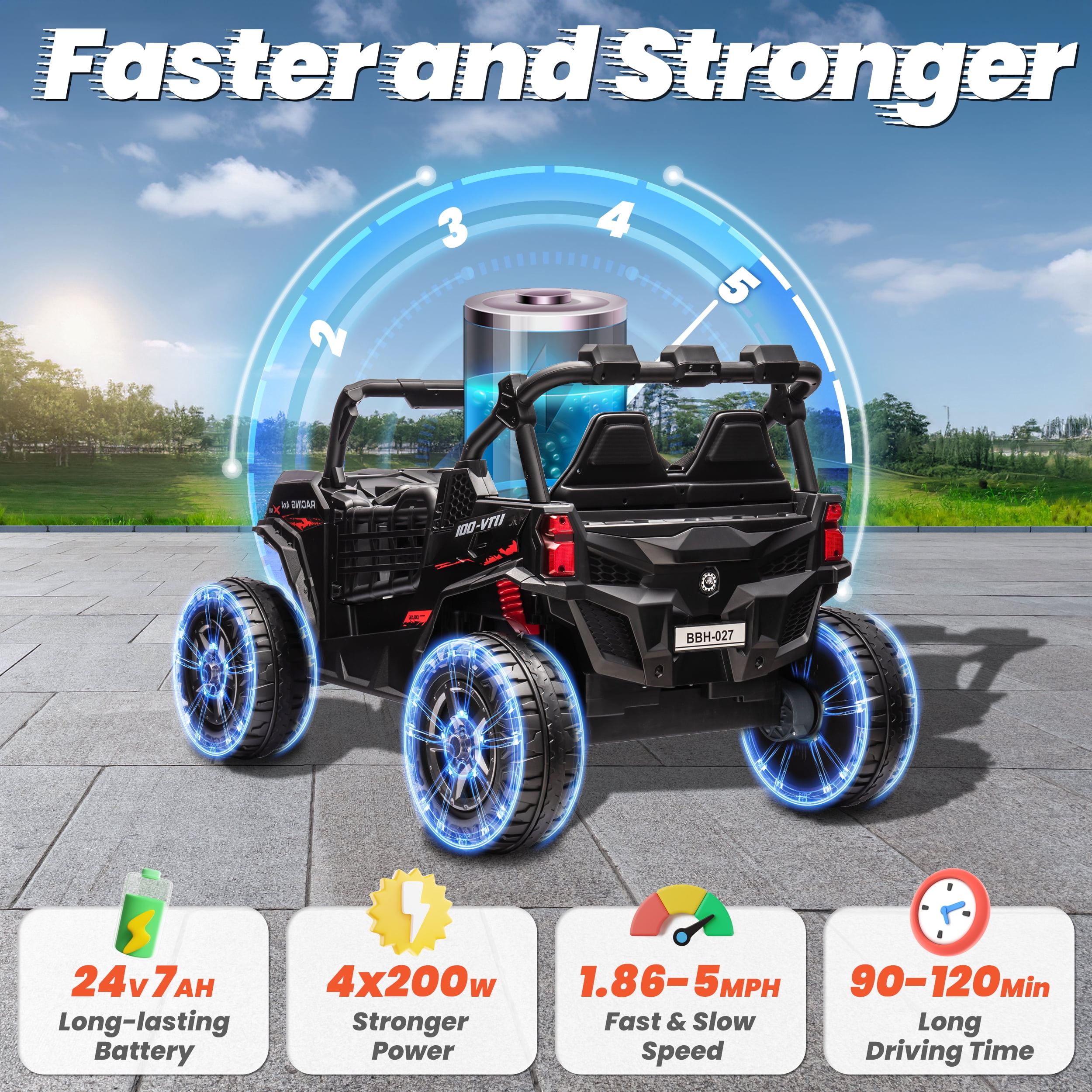 Joyracer 4WD 24V Ride on Toys Car w/ 2 XL Seater Remote Control, Electric UTV w/ 4*200W Motor, Power Car Wheels, LED Lights, Spring Suspension, 3 Speeds, Bluetooth Music, Black