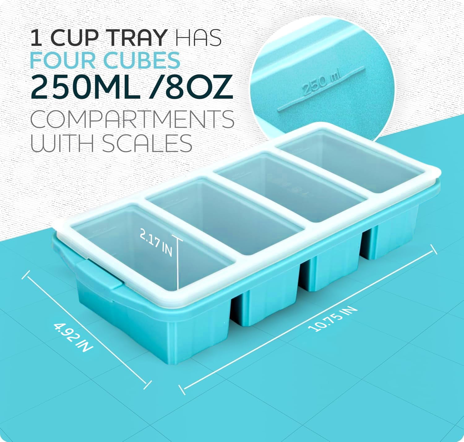 Silicone Freezer Tray With Lid - Soup Container Molds Large Ice Cube Tray- Makes 8 1 Cup Portions Cubes  1-pack Storage Food Soups & Meal Prep Oven Dishwasher -safe