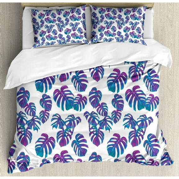 Hawaiian Colors Duvet Cover Set, Retro Style Continuing Pattern of Monstera Leaves Tropic Feels, Decorative 3 Piece Bedding Set with 2 Pillow Shams, King Size, Purple Sea Blue Teal, by Ambesonne