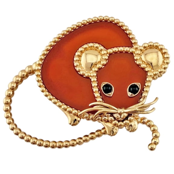 Pre-Owned Van Cleef & Arpels Lucky Animals Mouse Clip, 18K Pink Gold, Carnelian, Onyx, Women's...