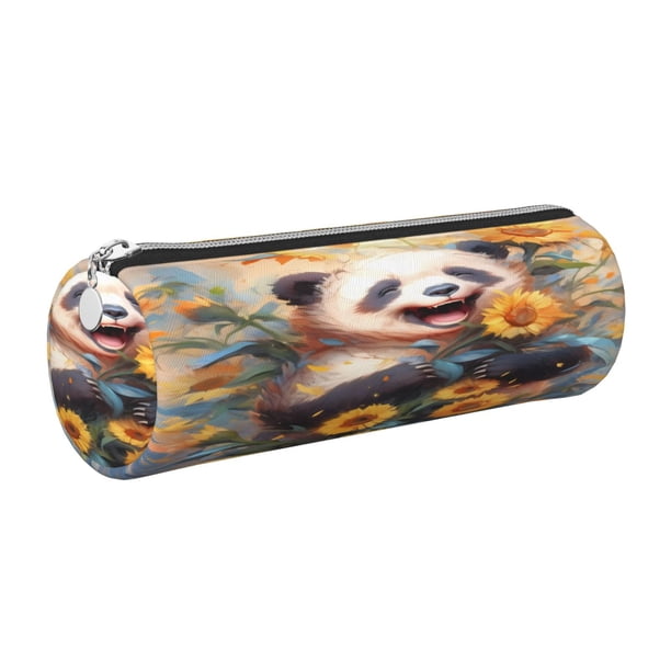 Easygdp Elegant Cute Panda Sunflower para Estuche de Lápices Cilíndrico de Cuero con Cremallera, Organizador de Lápices de Cuero para Escuela, Oficina y Viajes