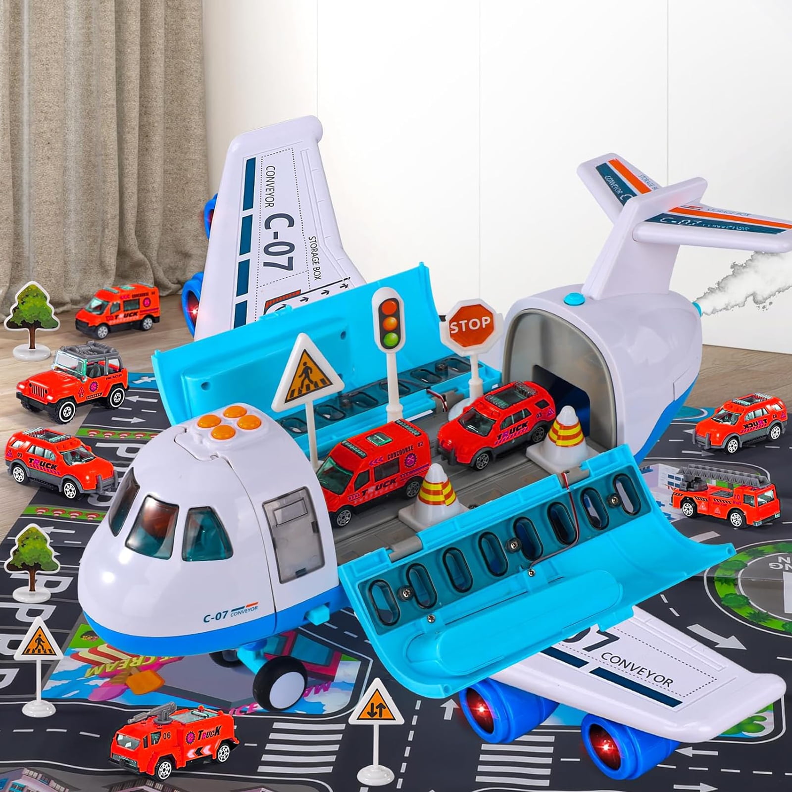 Ruvince Airplane Toys for Toddlers 3-5 , Large Transport Cargo Airplane with 6 Construction Vehicle 10 Road Signs 1 Play Mat, Airplane with Lights Sounds for Boys Age 3 4 5 6