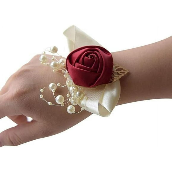 Nvzi Wrist Corsage, Pack of 2 Wedding Bridal Wrist Flower Corsage Hand Flower Decor for Prom Party Wedding Homecoming (Red 1)