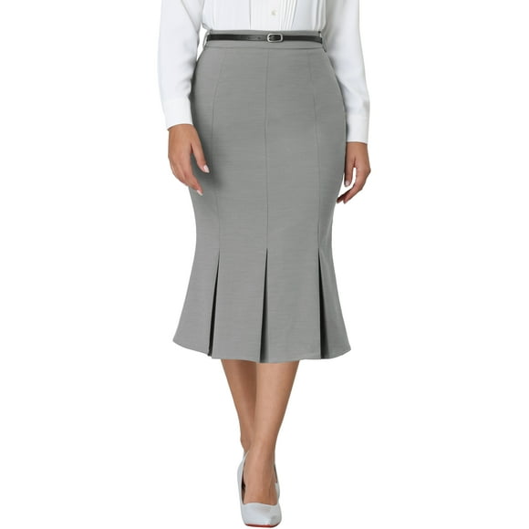Falda de trabajo sólida INSPIRE CHIC para mujeres, longitud por debajo de la rodilla, falda de cola de pez con cinturón M Gris