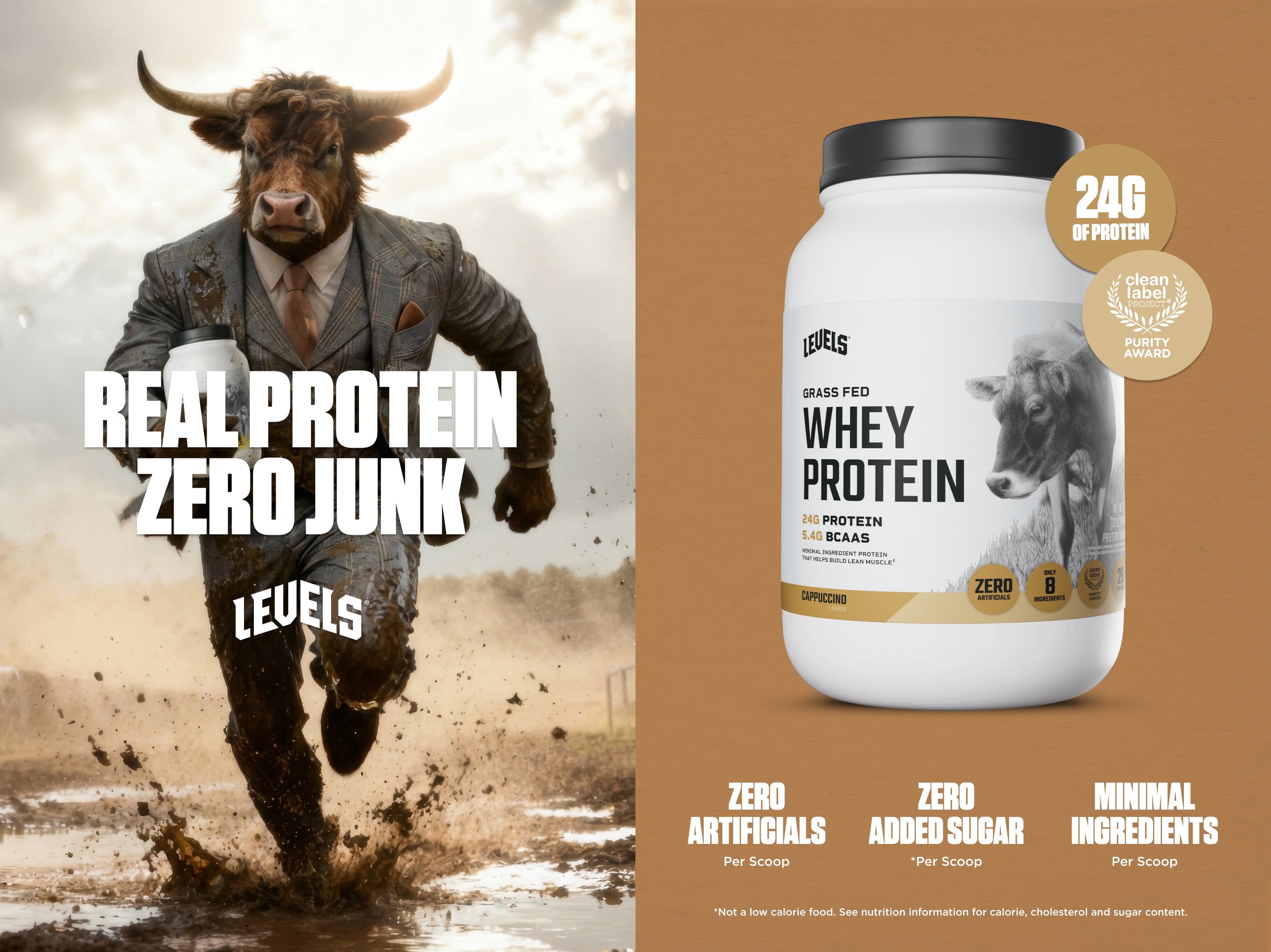 Levels Grass Fed Whey Protein Powder, No Artificials, 24G of Protein, Cappuccino, 2LB