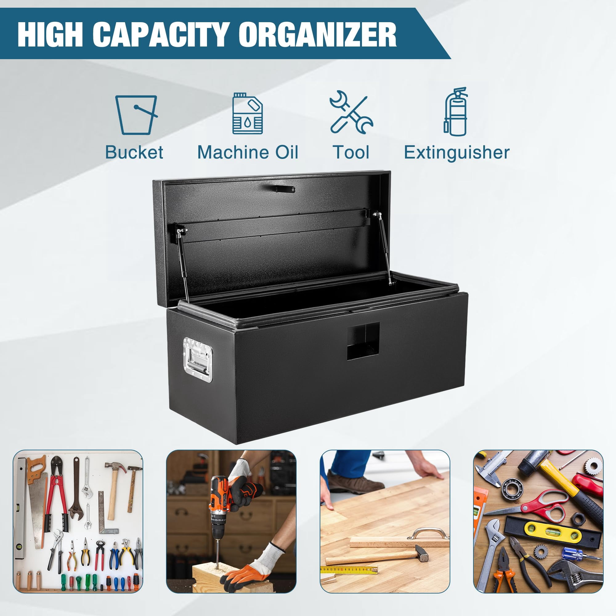 Steel Truck Bed Tool Box, Heavy Duty Metal Tool Box Organizer with Handle & Safe Lock, Trailer Box with Safe Hinge for Truck, Pickup, RV, Trailer