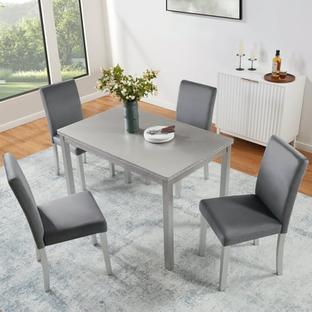 Dining Table Set 5-Piece Rectangular Acacia Wood Kitchen Table with 4 Upholstered Flannelette Chairs Crystal Diamond Decoration Silver Grey 45.5 L x 28.5 W x 30 H for Dining Room
