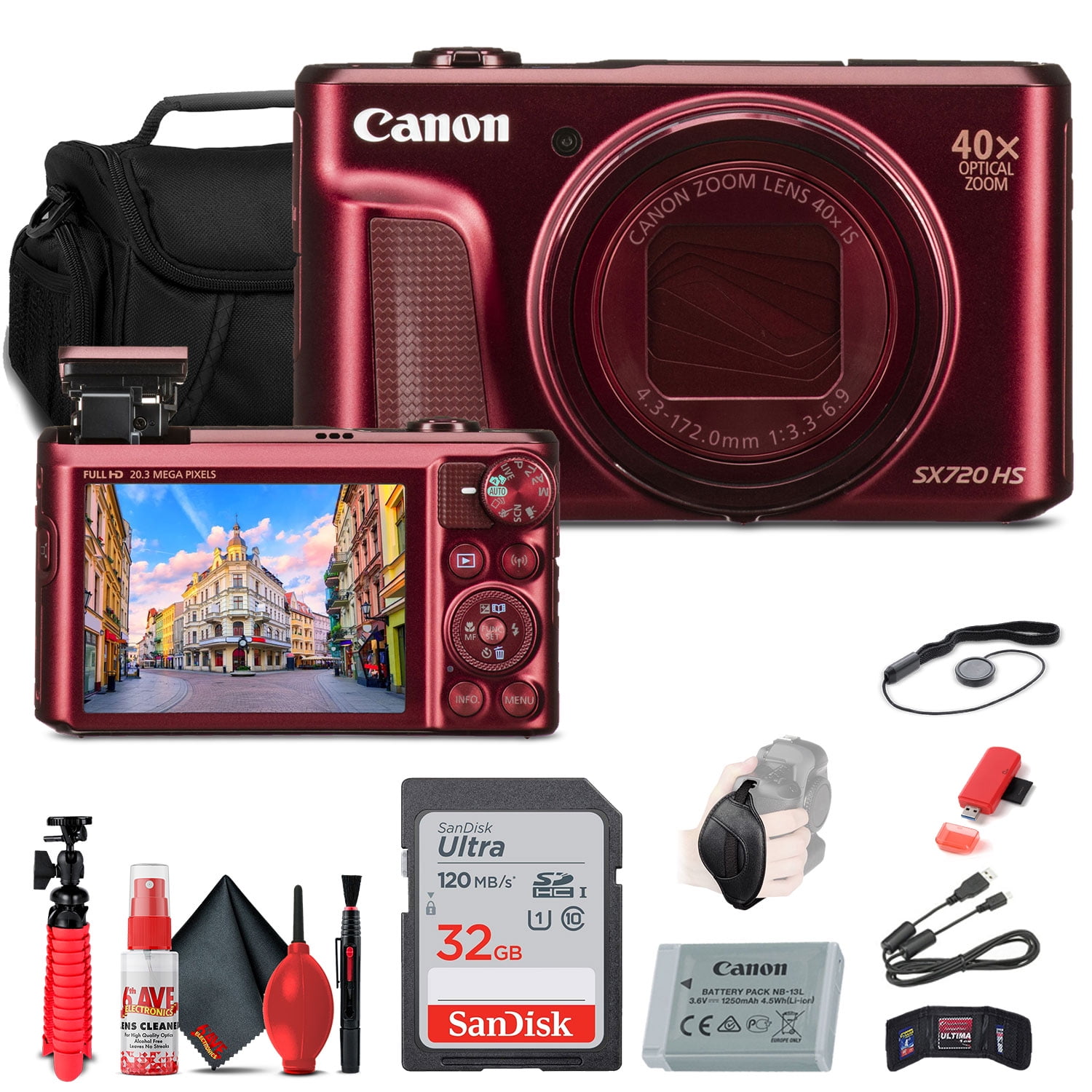 Canon PowerShot SX720 HS Digital Camera (Red) (1071C001) + 32GB