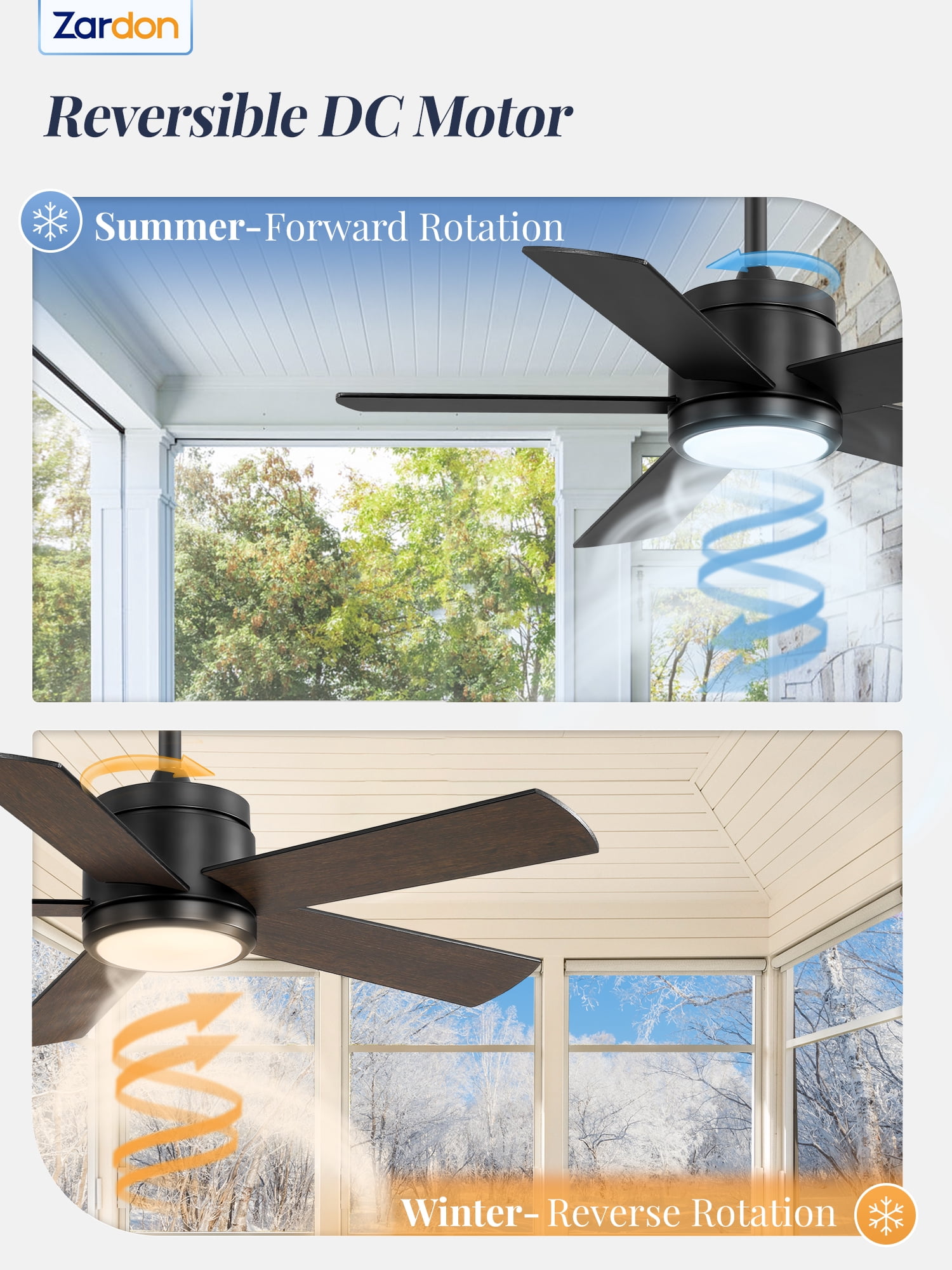 Zardon 42" Outdoor Ceiling Fan with Light & Remote, Waterproof Plug-in Ceiling fan with 6 Speeds, DC Motor, Downrod Mount for Patio, Gazebo, Pergola, Porch- Black