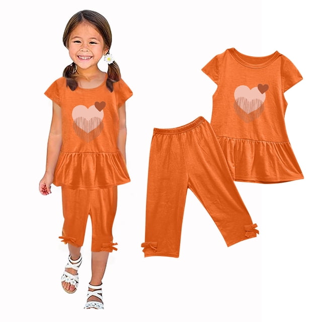 Shirts for Girls, Girls Summer Round Neck Small Print Short Sleeved Flying Sleeves Elastic Waist Cropped Pants Two-piece Set