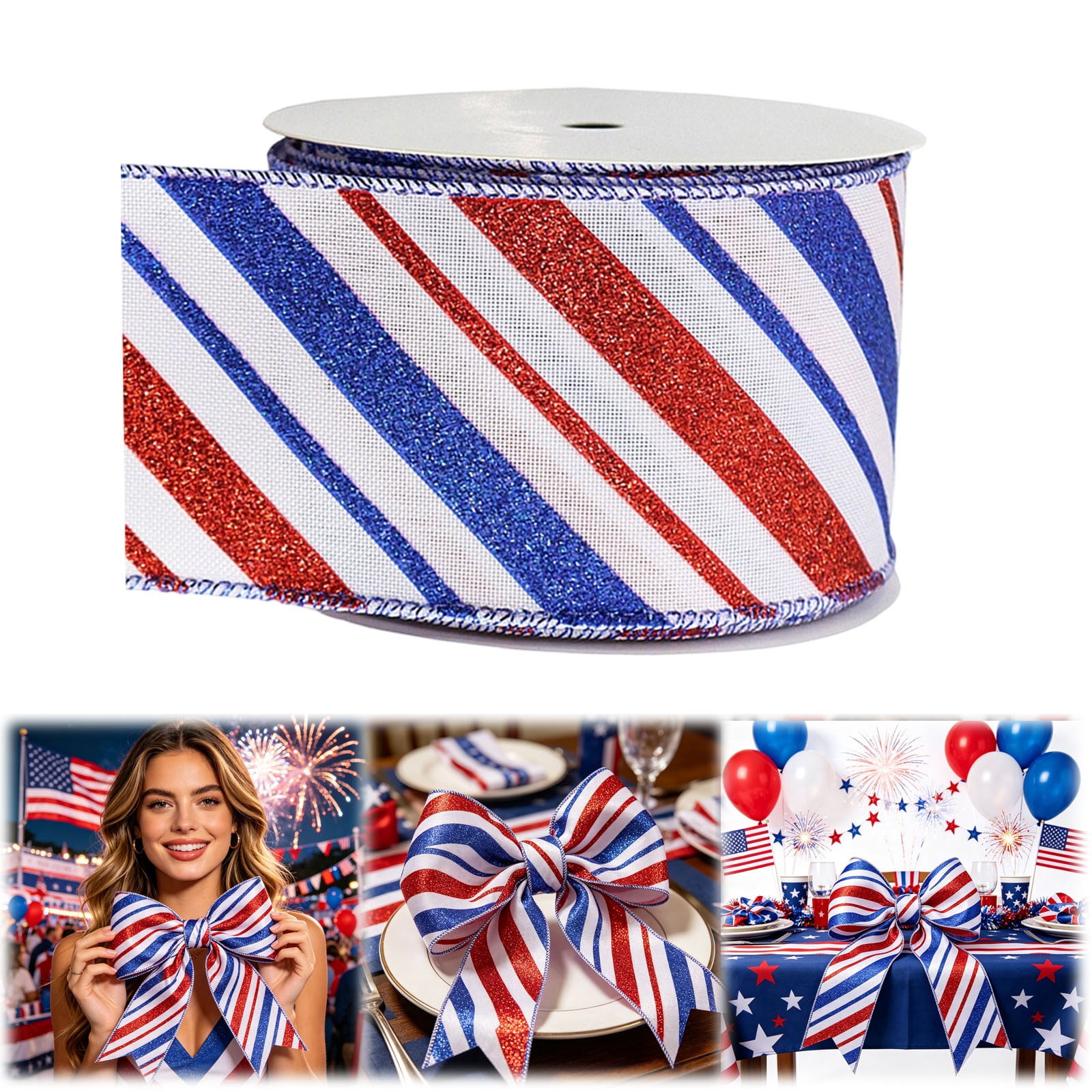 Gnwei 2.5 Inches x 10 Yards Red White Blue Patriotic Glitter Wired Ribbon – Gold Stars and Stripes Design (Striped Star) – 4th of July Ribbons for Holiday Decorations