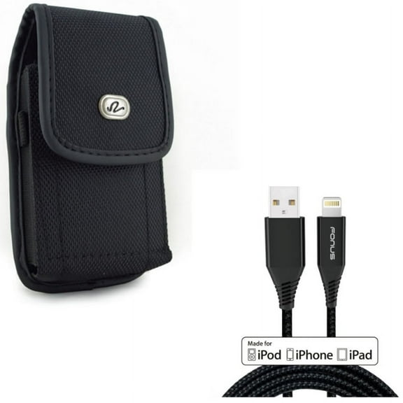 Rugged Case Belt Clip w Certified 6ft MFi USB Cable for iPhone XS Max/8 PLUS/7 Plus/6S Plus/6 Plus - Holster Canvas Cover Pouch Carry and Charger Cord Power Wire Braided Long