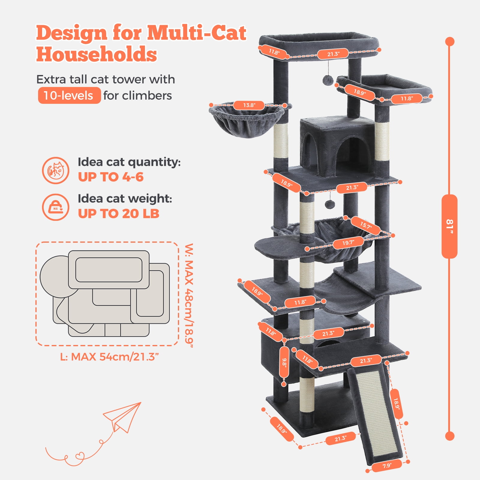 Pefilos 81" Tall Cat Tree for Indoor Cats, Multi-Level Cat Tower with Metal Frame Hammock, Scratching Ramp, 2 Top Perches, 2 Cozy Condos & 6 Scratching Posts, Dark Gray