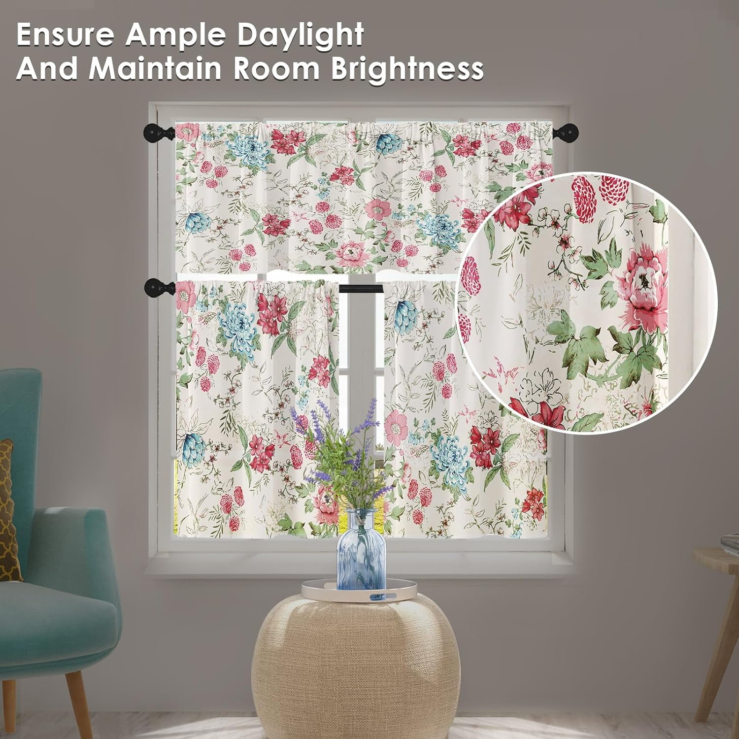 Vintage Floral Kitchen Curtains Farmhouse Window Curtains Valance and Tier Set 36 Inch, Blue Pink Spring Flowers Rod Pocket Short Tier Curtain, Abstract Small Cafe Curtains for Kitchen Decor