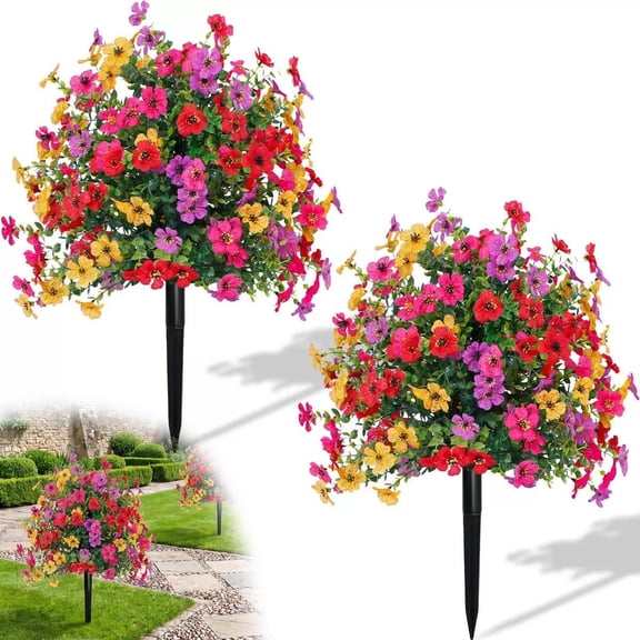 2 Pack Artificial Petunias with Ground Stake, 22" Outdoor Faux Flowers for Garden, Yard, Planter and Porch, Lifelike Decorative Flowers for Indoor Outdoor Home Decor